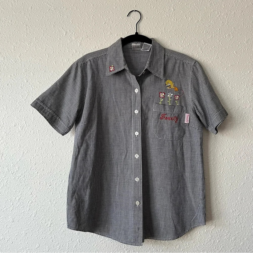 Vintage Tweety Looney Tunes Gingham Button Front Short Sleeve Top Sz Small